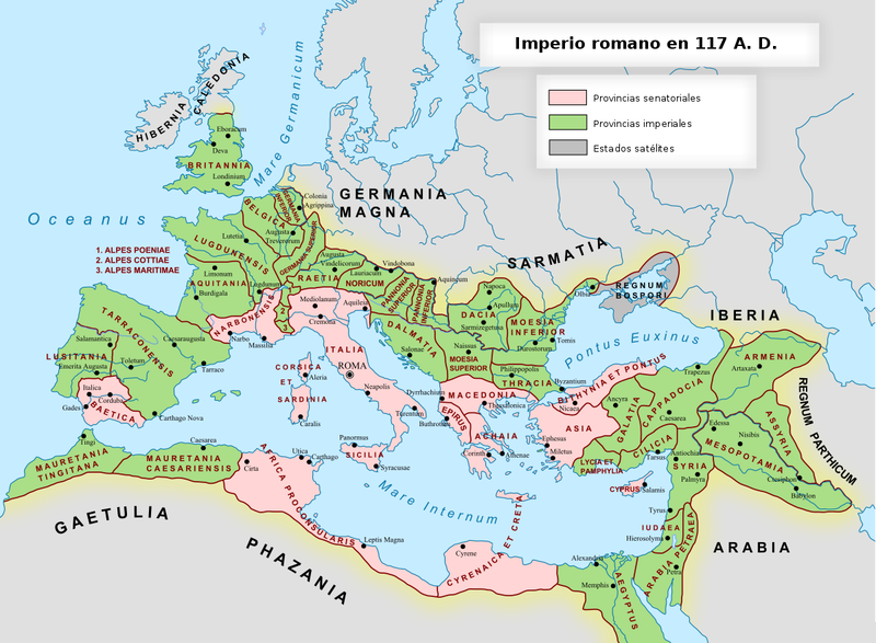 En esta imagen, vemos el Imperio Romano cuando logra su mayor expansión en el 117 d.C.
